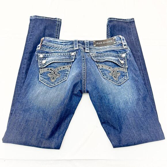 Rock Revival Johanna Skinny Dark Wash Denim Jeans Embellished Tab Pocket Size 28 - Picture 5 of 10